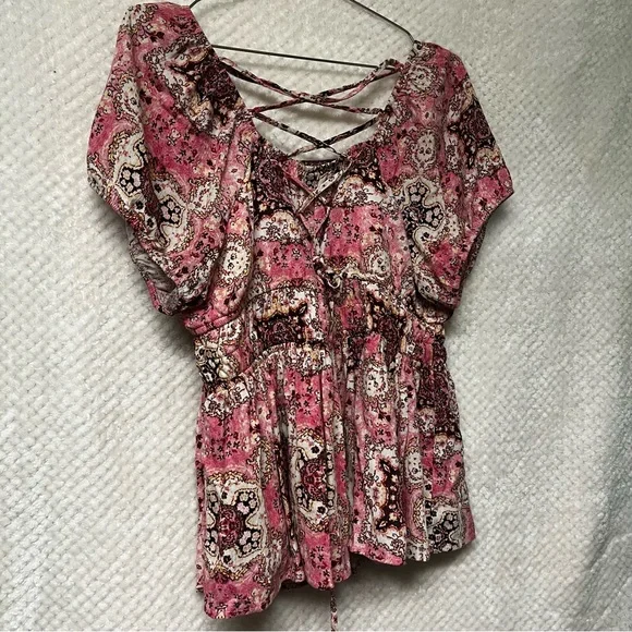 TORRID Crinkle Gauze Cris Cross Back Top Pink & Brown Peplum Cinched Waist Shirt - Picture 12 of 13